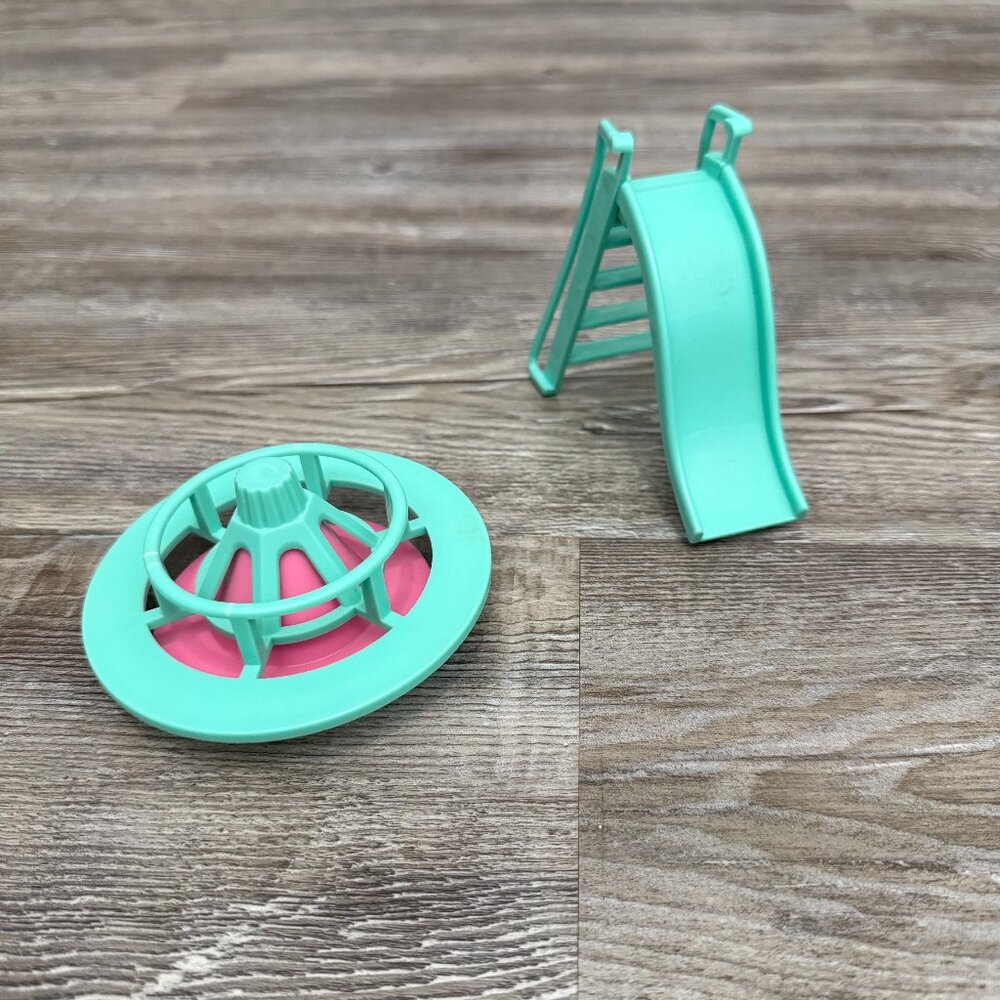 Meritus Doll House Accessories Playground Merry Go Round Slide Teal & Pink 1983